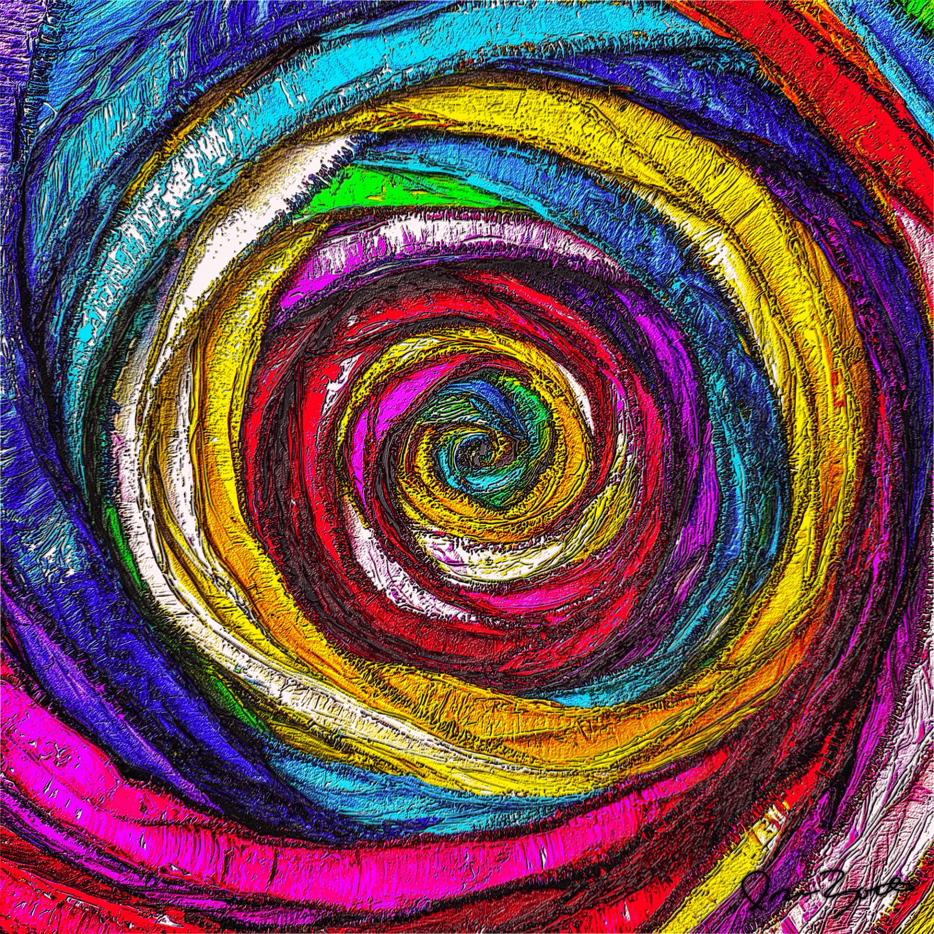Square abstract digital painting of a tightly wound spiral in cyan, blue, yellow, magenta, red and white with heavily textured, striated paint bands closing on a small blue-green centre.