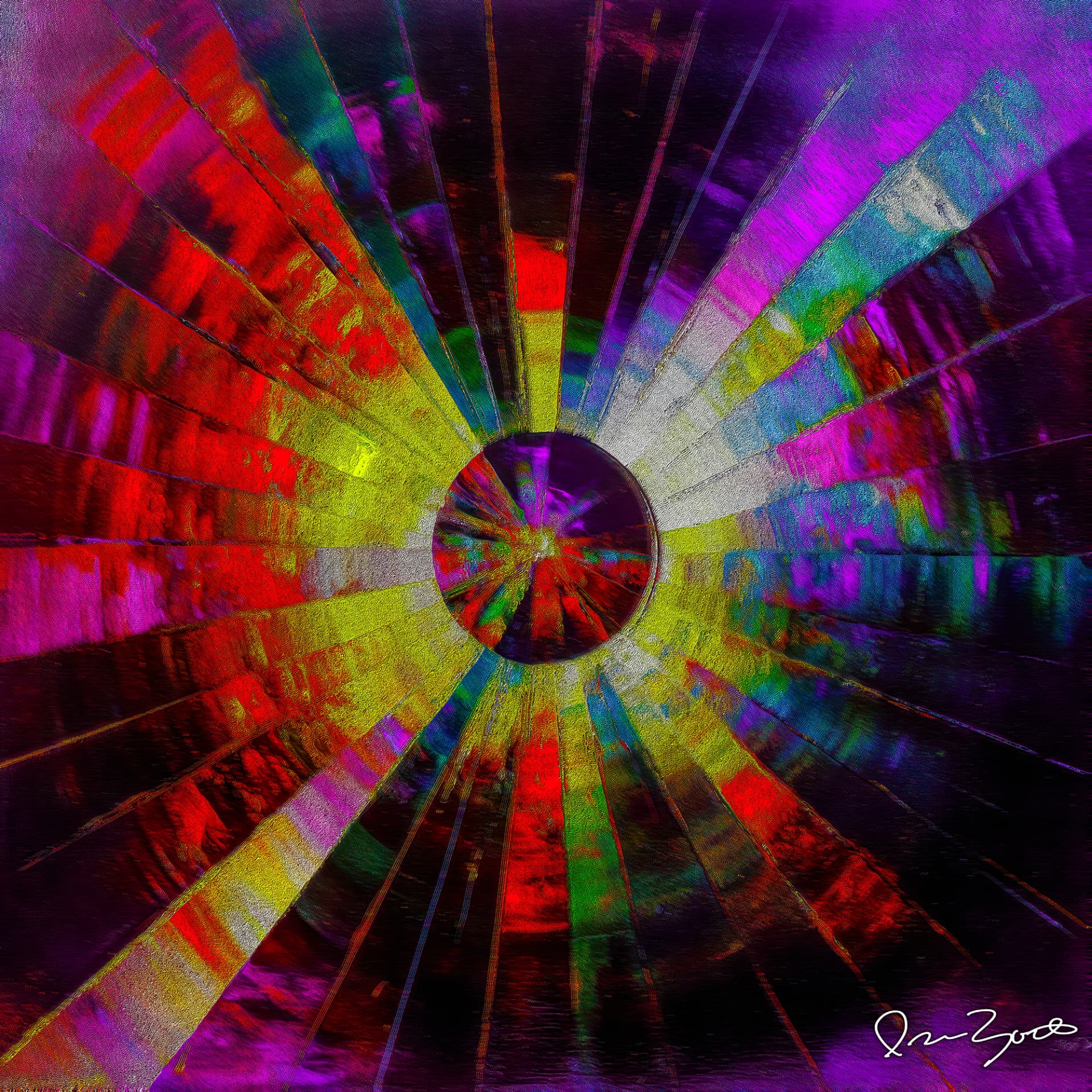 Square abstract digital work with a dark violet sphere at the centre and banded rays of red, yellow, silver and magenta radiating outward against a near-black ground.