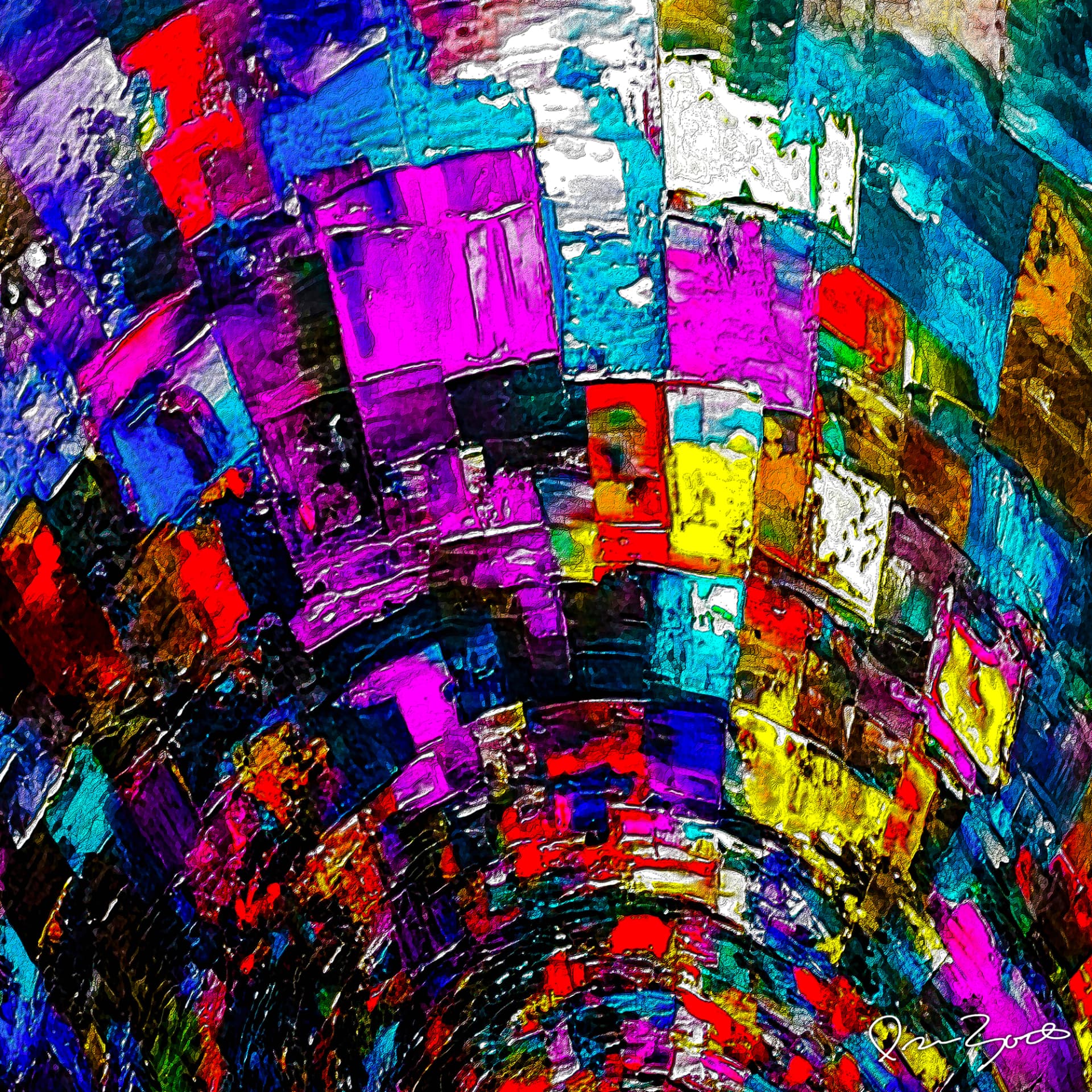 Square abstract digital painting of stacked blocks of magenta, turquoise, blue, yellow and white bent along concentric arcs, with white scored lines between the blocks.