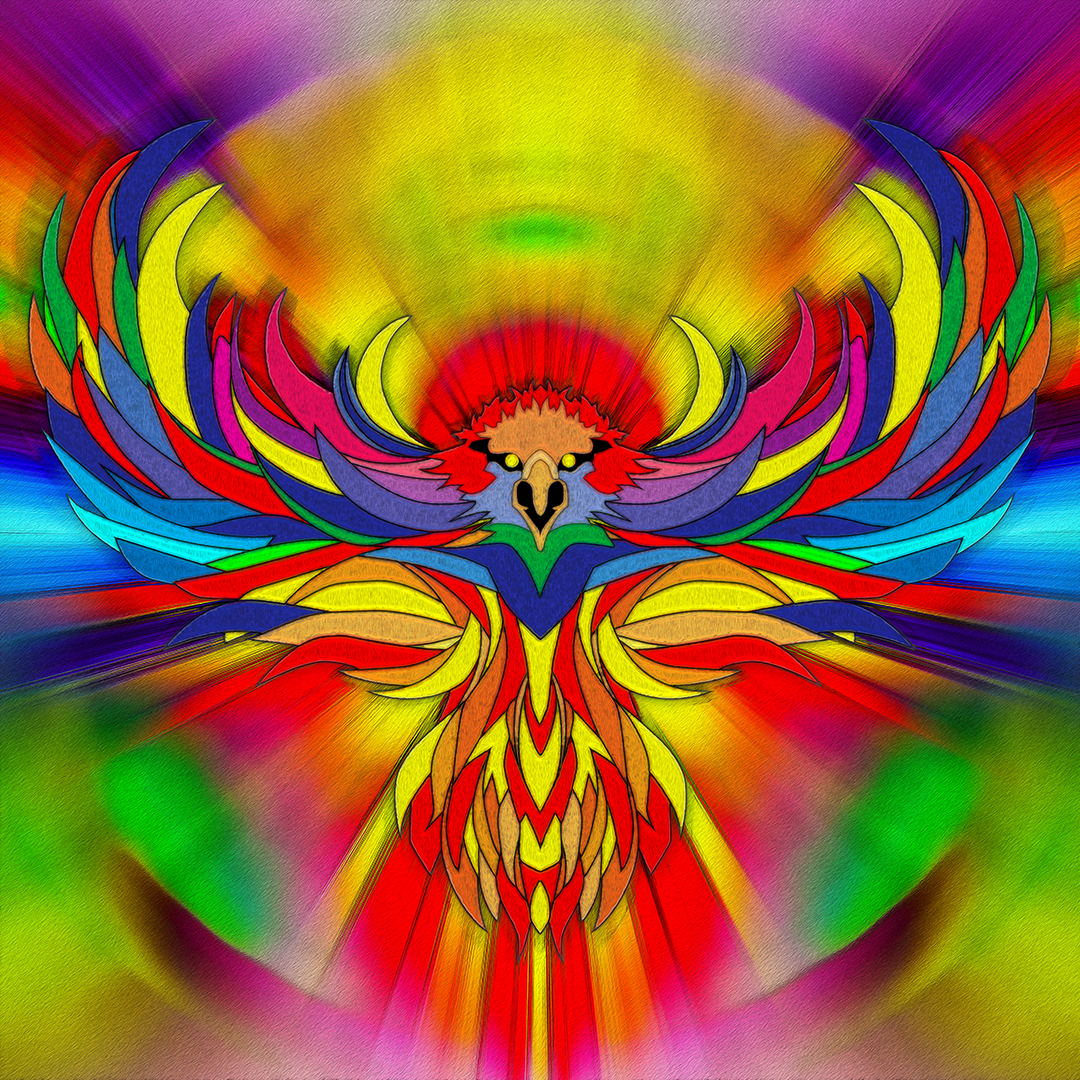 Symmetrical digital painting of an eagle with wings spread, feathers as hard-edged red, yellow and blue shapes on a radiant background.
