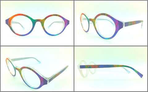 Product concept image of eyeglass frames printed with iZoot digital artwork.