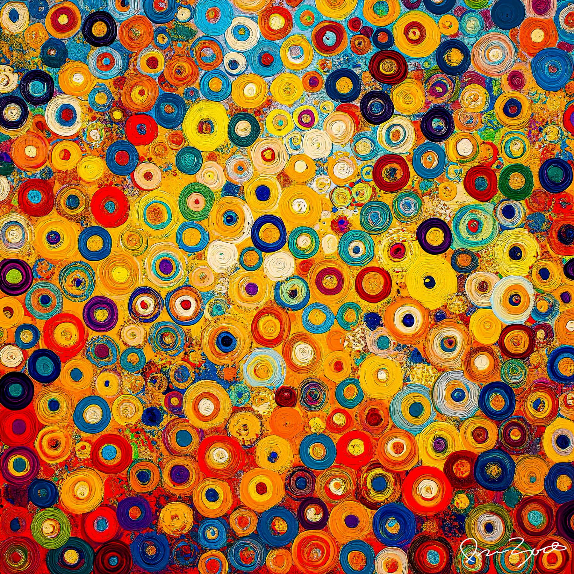 Square abstract digital painting densely filled with hundreds of concentric painted rings, with a yellow centre, blue upper field and orange-red lower field.