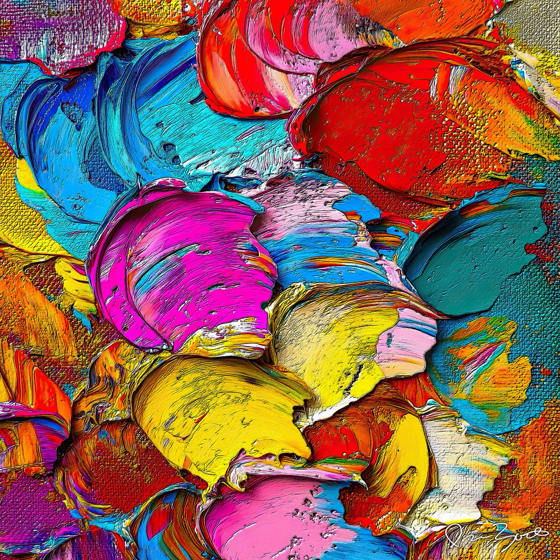 Square abstract digital painting of a few very large thick palette-knife strokes in magenta, cyan, scarlet, orange and yellow, with visible blade drag lines and exposed canvas weave.