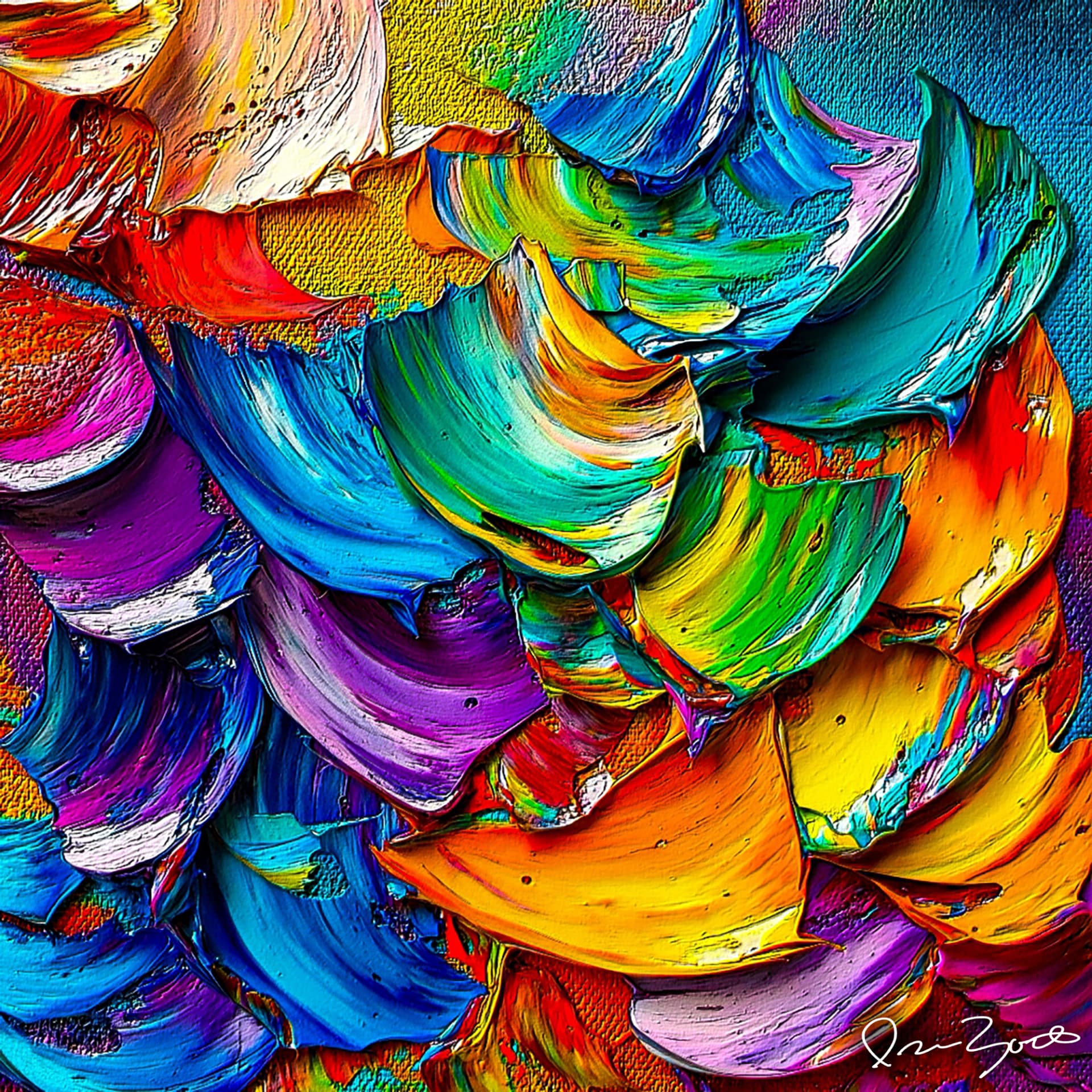 Square abstract digital painting of large overlapping curved paint strokes in teal, green, violet, orange and yellow, arranged like feathers over an ochre ground.