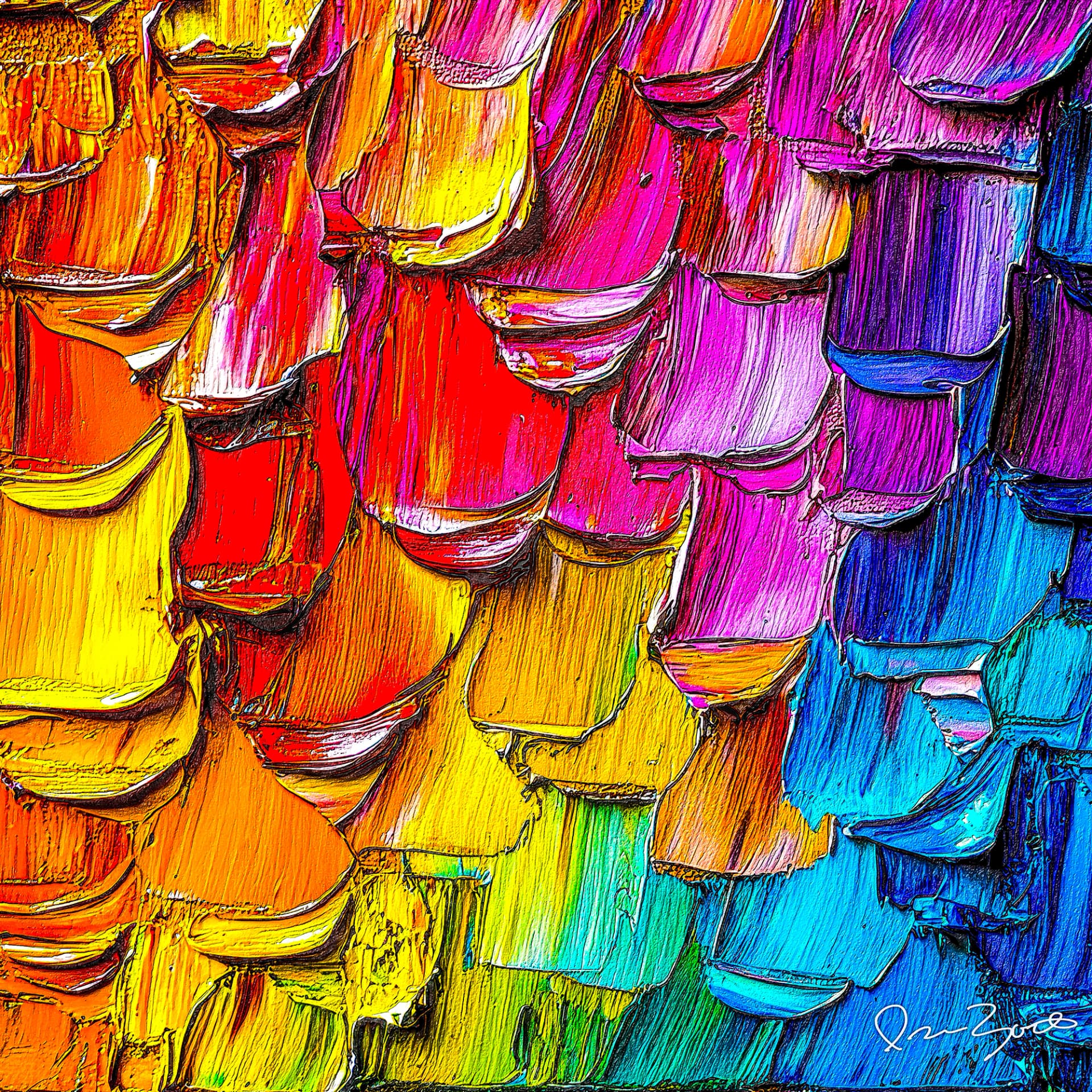 Square abstract digital painting of overlapping tongue-shaped palette-knife strokes arranged in descending rows, moving from orange and yellow through pink and purple to blue and teal.