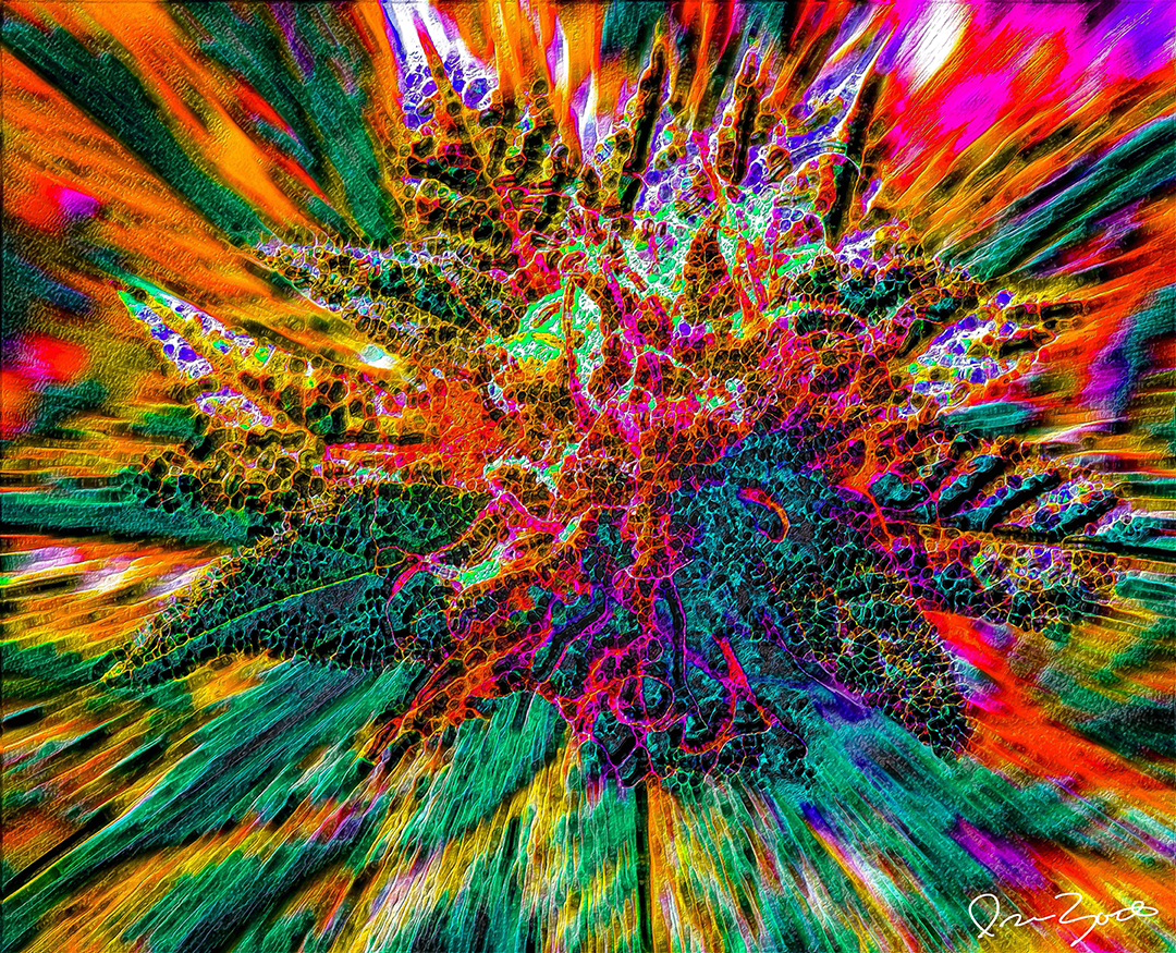 Landscape abstract digital painting of a dense cellular centre radiating green, orange, gold and magenta brush-like forms.