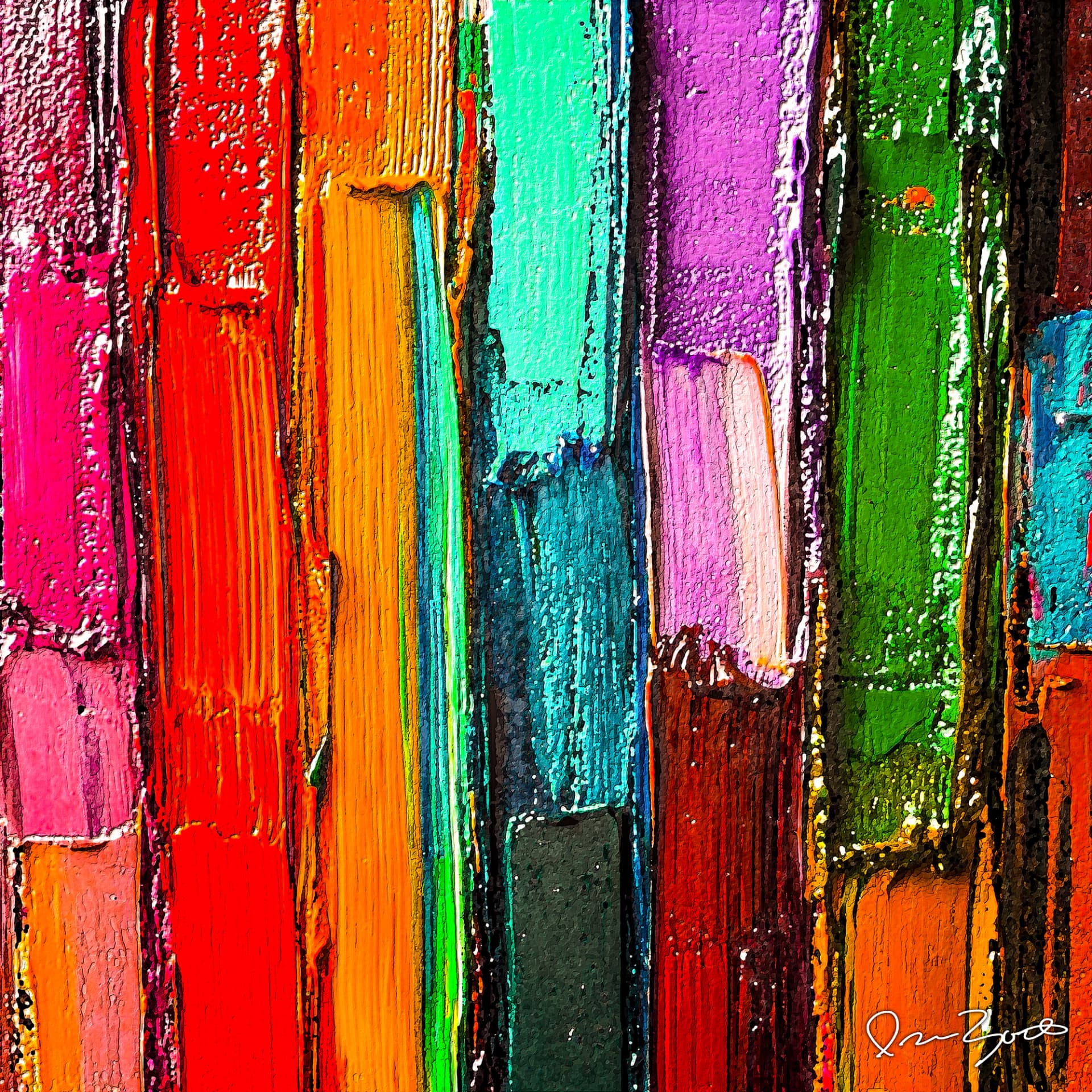 Square abstract digital painting of tall vertical columns of thick paint in fuchsia, red, orange, jade, teal, purple and green, separated by dark scraped channels.