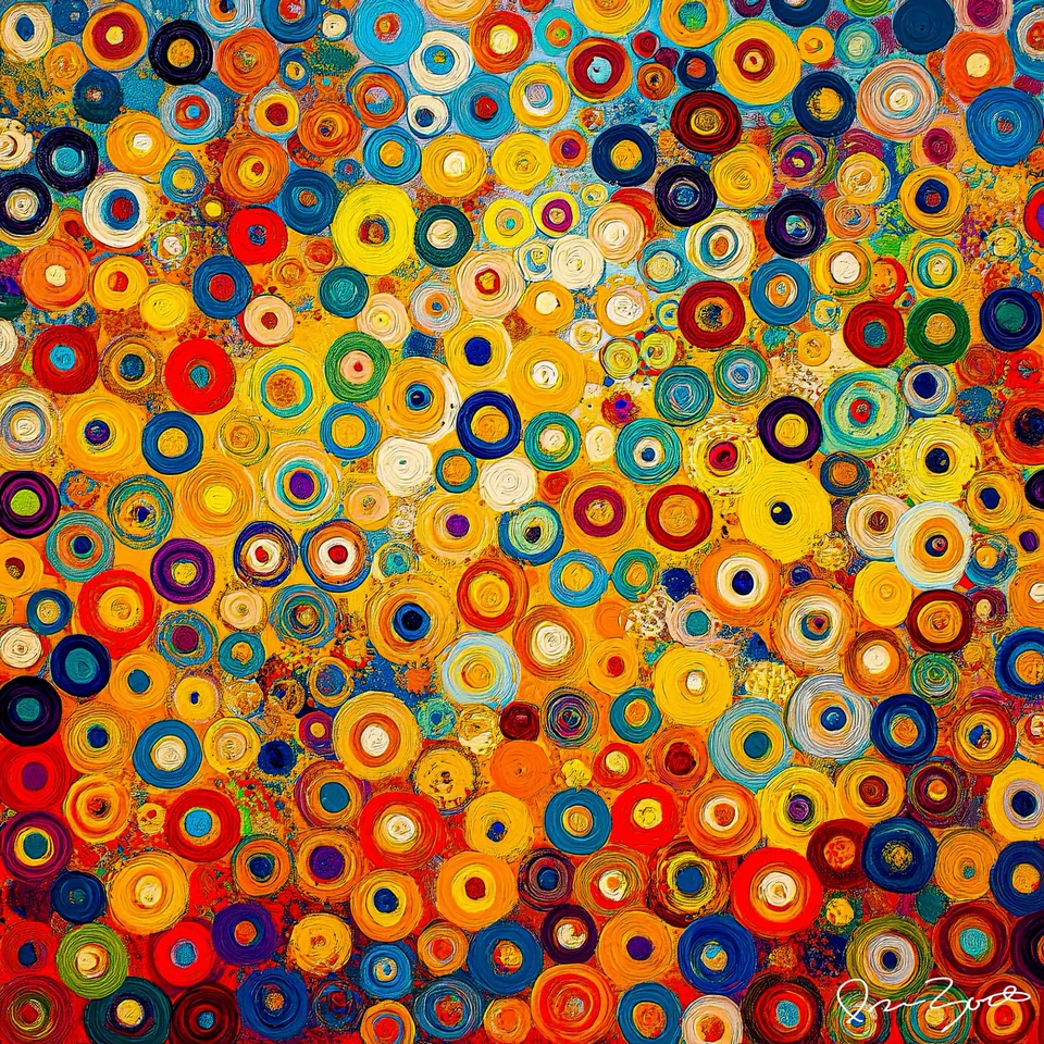 Square abstract digital painting densely filled with hundreds of concentric painted rings, with a yellow centre, blue upper field and orange-red lower field.