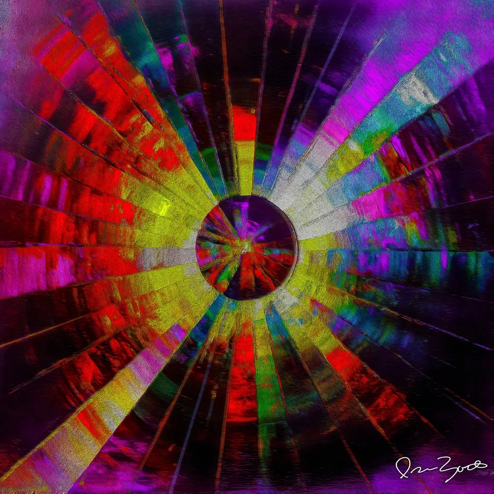 Square abstract digital work with a dark violet sphere at the centre and banded rays of red, yellow, silver and magenta radiating outward against a near-black ground.