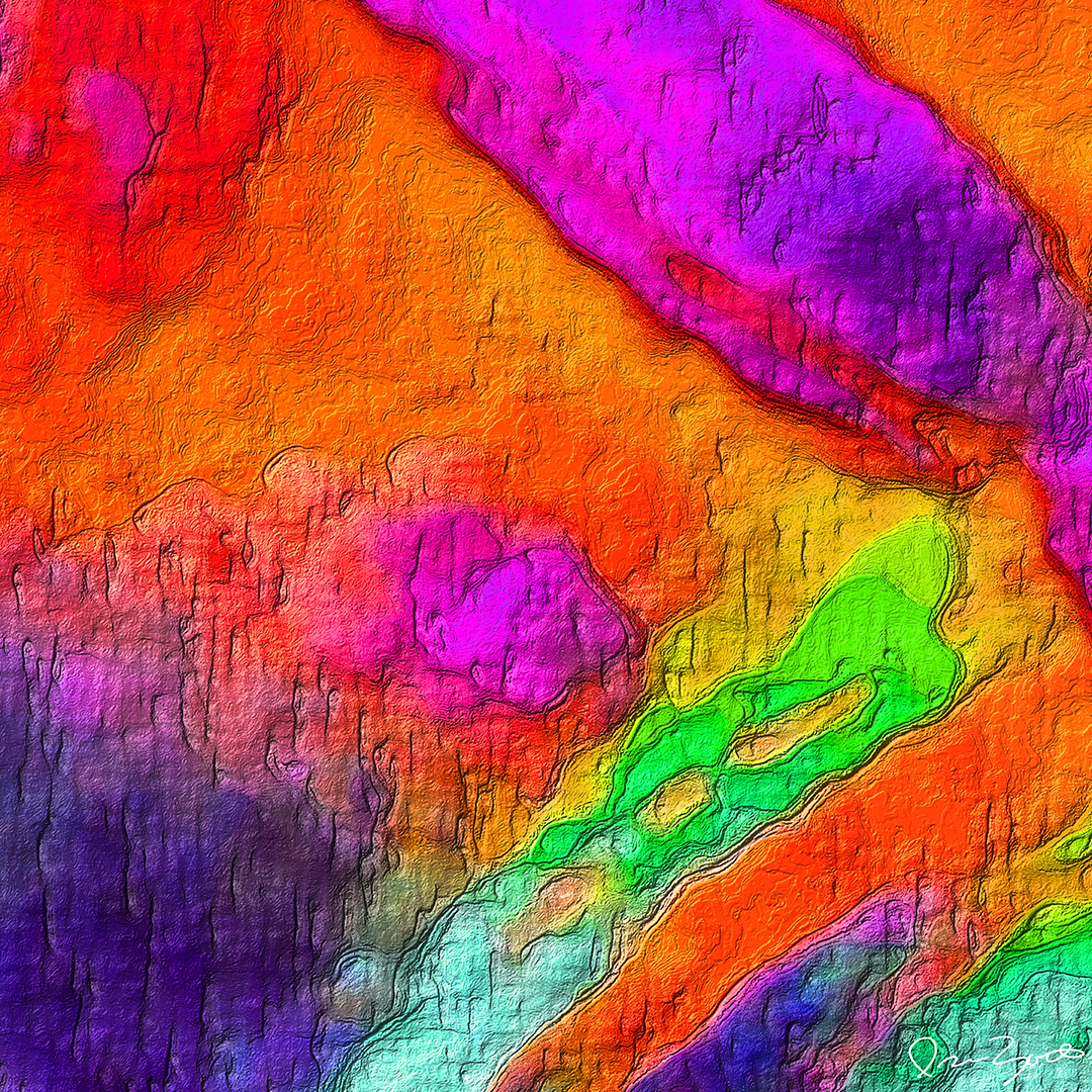 Square abstract digital painting of heavily textured orange, magenta, violet and green organic fields divided by dark contours.